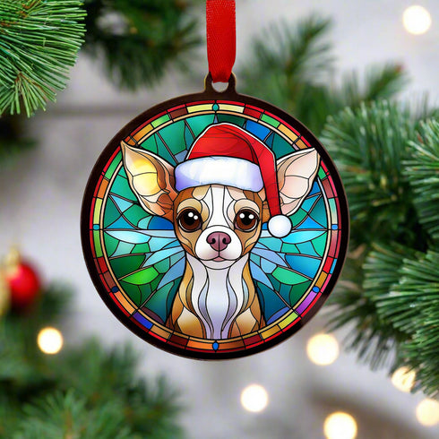Chihuahua Fawn in Santa Hat Suncatcher Decoration